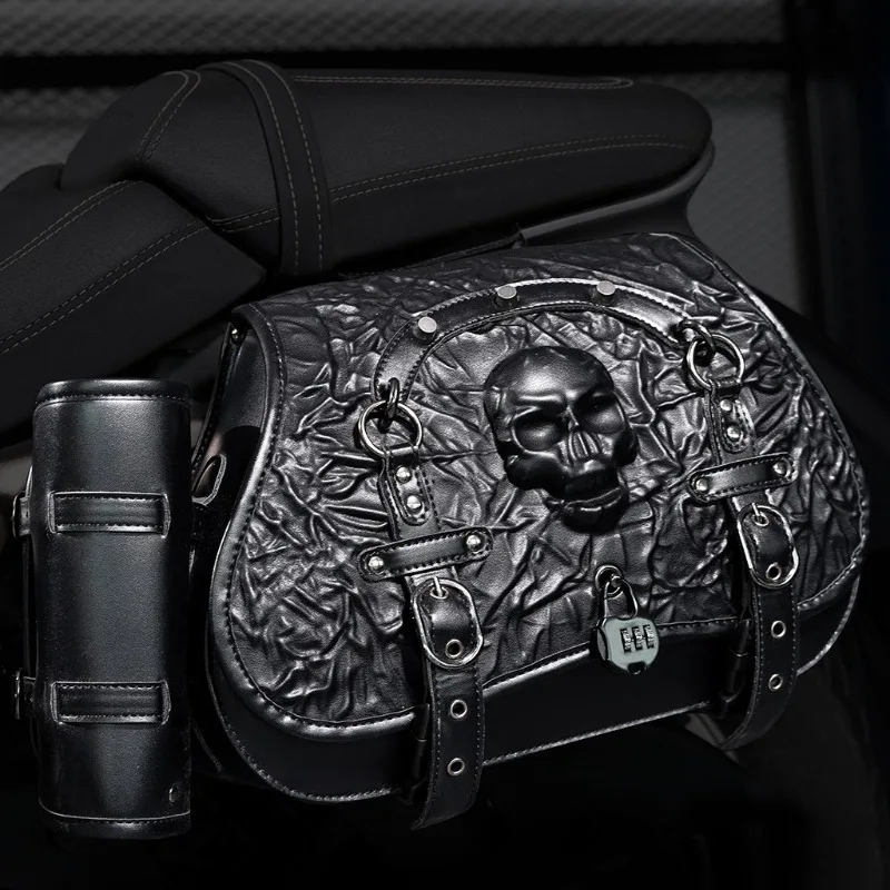 3D Skull Embossed Motorcycle Saddlebags with Password Lock, Universal Saddle Bags for Harley Honda Yamaha Cruiser Chopper