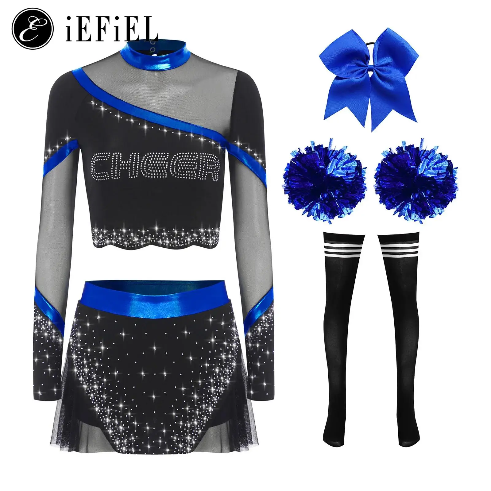 

Women Cheerleading Costumes Outfit Cheerler Uniform Rhinestone Long Sleeve Crop Tops with Skirt Flower Headwear Socks Stripe