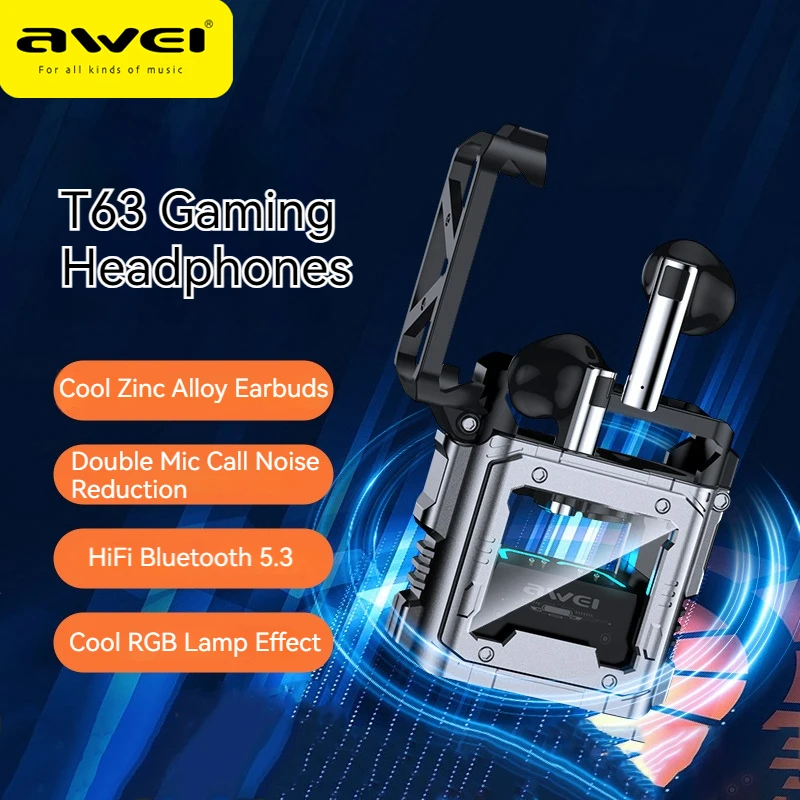 Awei T63 Gamer Earphones Bluetooth 5.3 Headphones Wireless Headset Waterproof TWS Call Dual Mode Gaming Headset With Mic