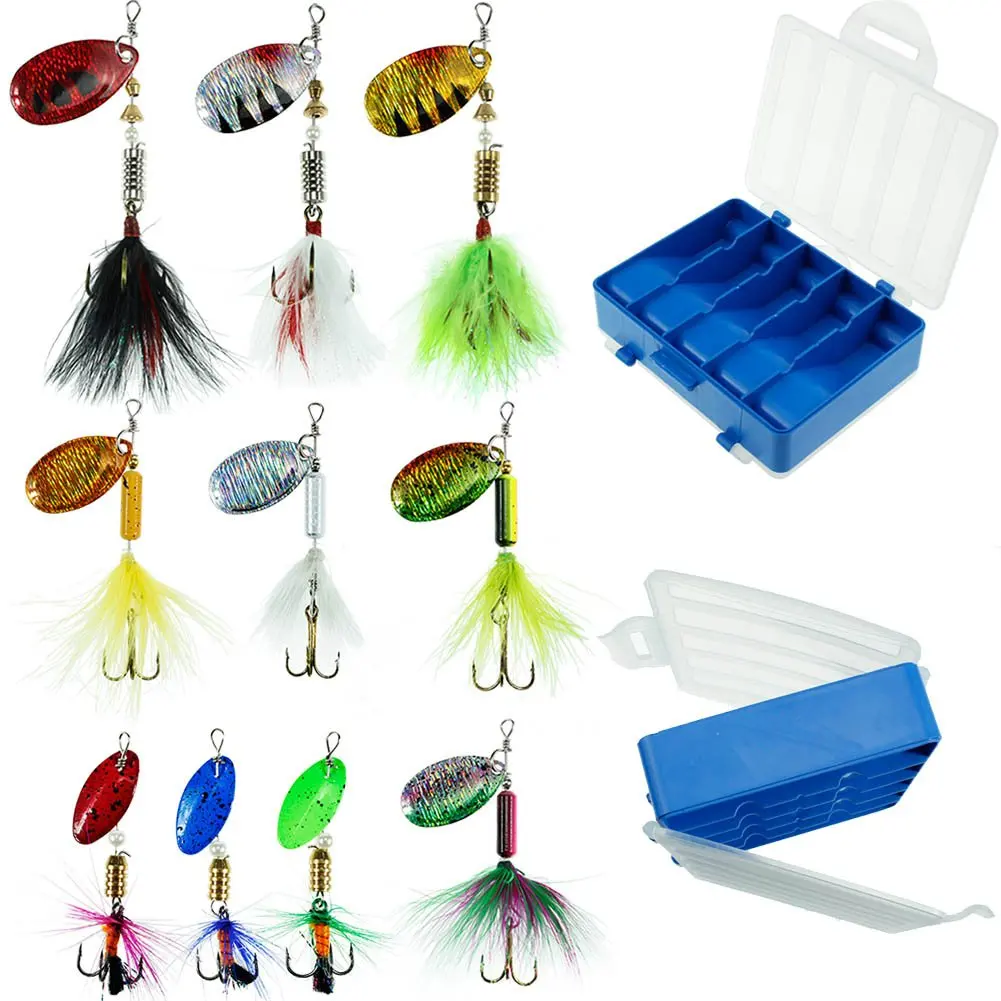 Fishing Lures 10pcs Spinner Lures Baits with Tackle Box, Bass Trout Salmon Hard Metal Rooster Tail Fishing Lures Kit