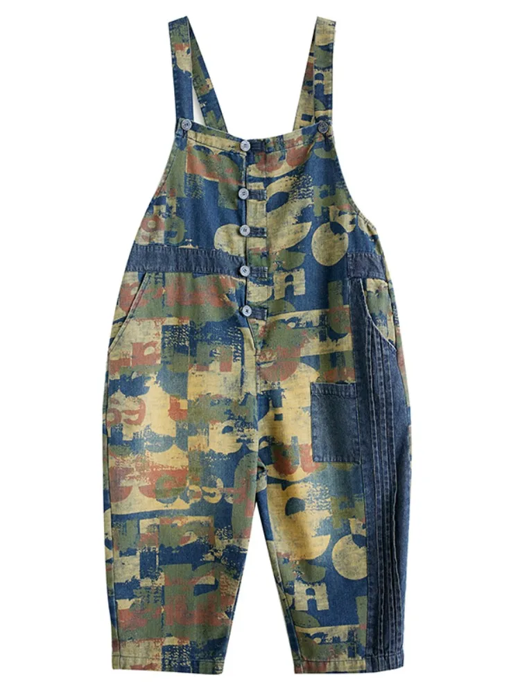 Retro cor blo camuflagem denim macacão feminino verão plus size solto emagrecimento macacão nove pontos harem calças
