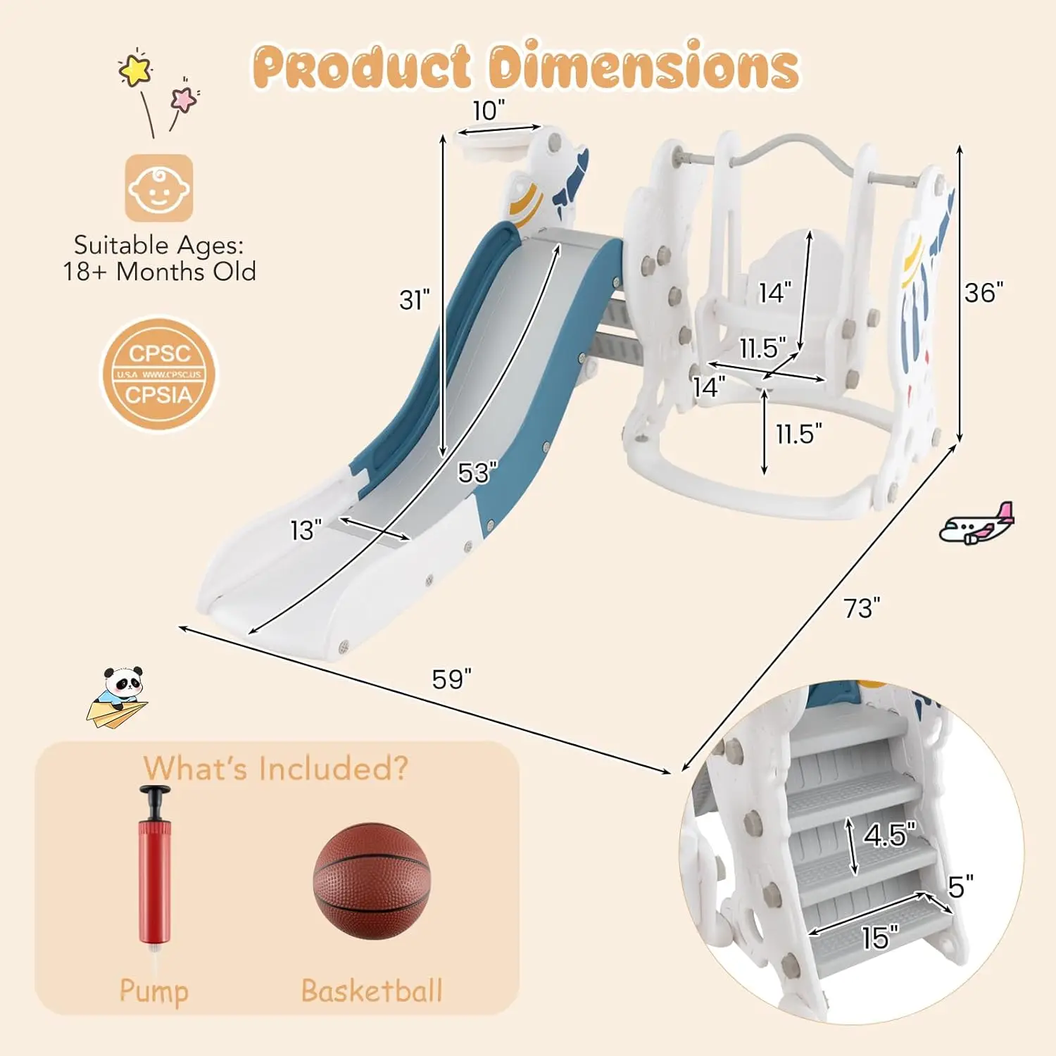 Set scivolo e altalena per bambini 4 in 1, altalena per bambini per interni ed esterni a razzo con scivolo, altalena, scalatore, canestro da basket e palla, Cli per bambini