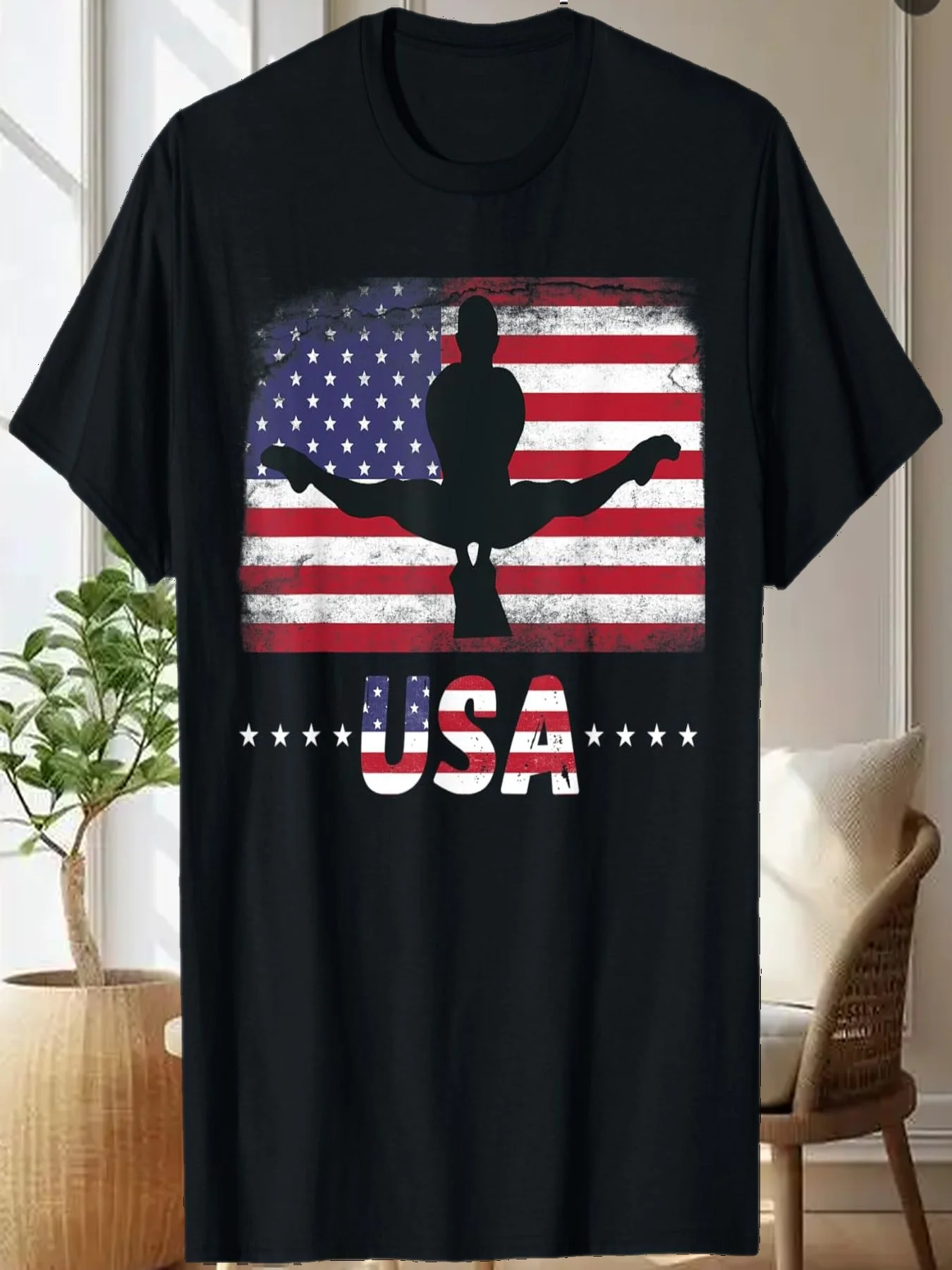 

Футболка с американским флагом, гимнастическая лошадь Поммеля, США, патриотическая команда