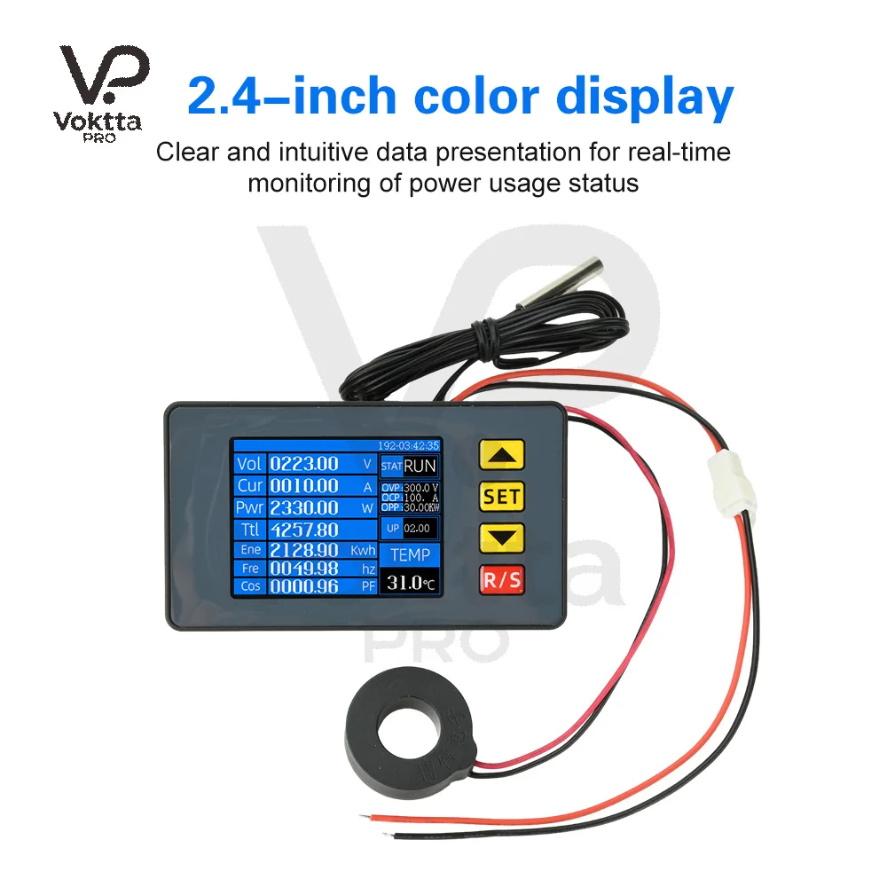 2.4 Inch Color Screen Multifunction AC 50-300V Monitor Voltage Current Power Meter With External Closed Current Transducers 100A