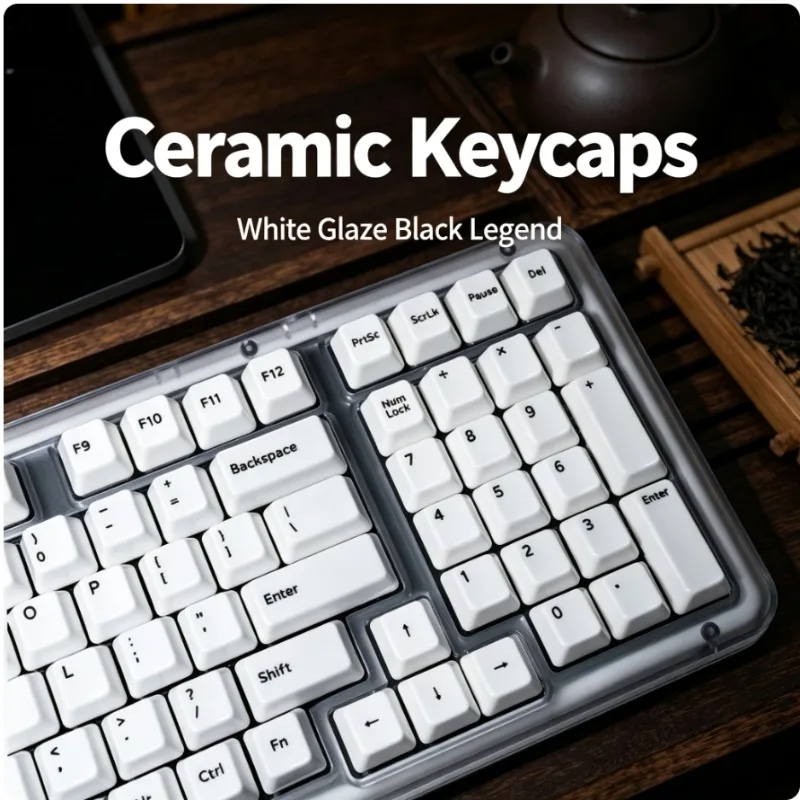 Uninido Ceramic Keycaps Full Set White with Black Characters Regular Engraving Backlit Shiny Glaze for Mechanical Keyboard