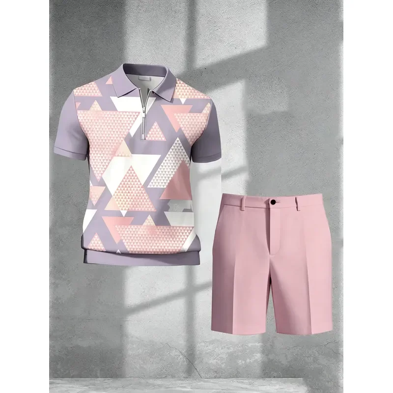1 Top (Without Pants) Men's Casual Geometric Triangle Zipper Polo Sugi and Shorts 3D Digital Printing