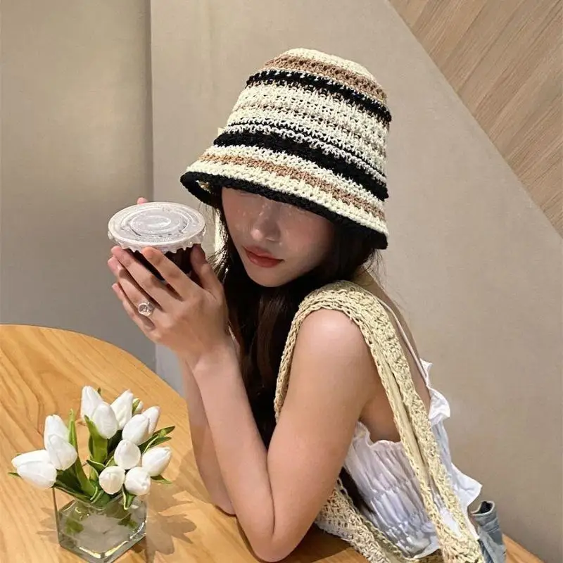 

Hot Korean Beach Straw Hat Summer Women Visor Bucket Hat Fisherman Hat Hand Weaving Panama Girl Fishing Chapeau Sun Hats