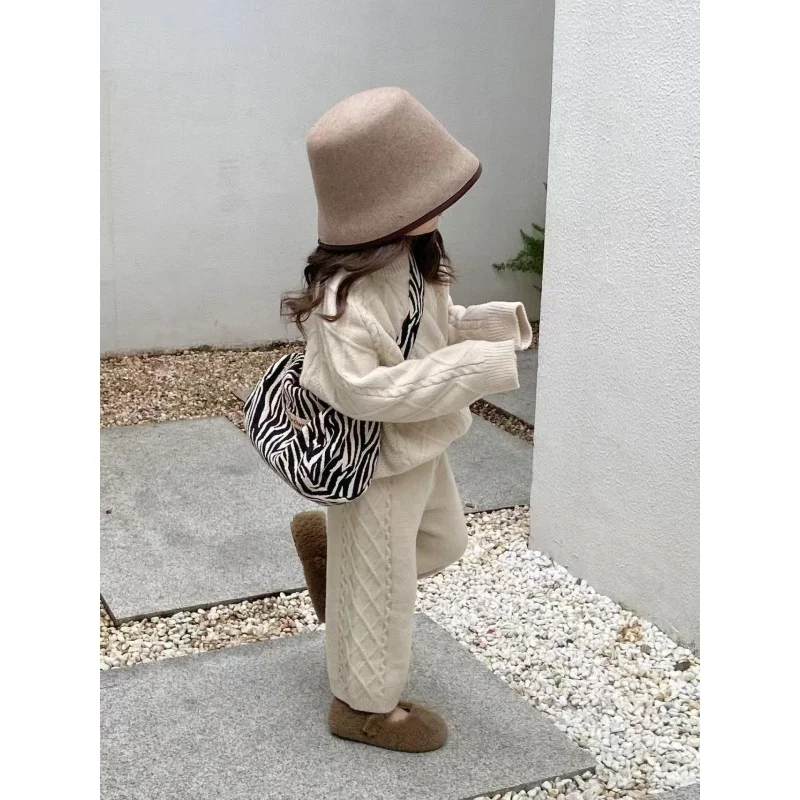 Girls Clothes Suit Korean Style Spring Autumn New Vintage Twisted Flower Knitted Set Baby Warm Sweater Casual Two Piece Set