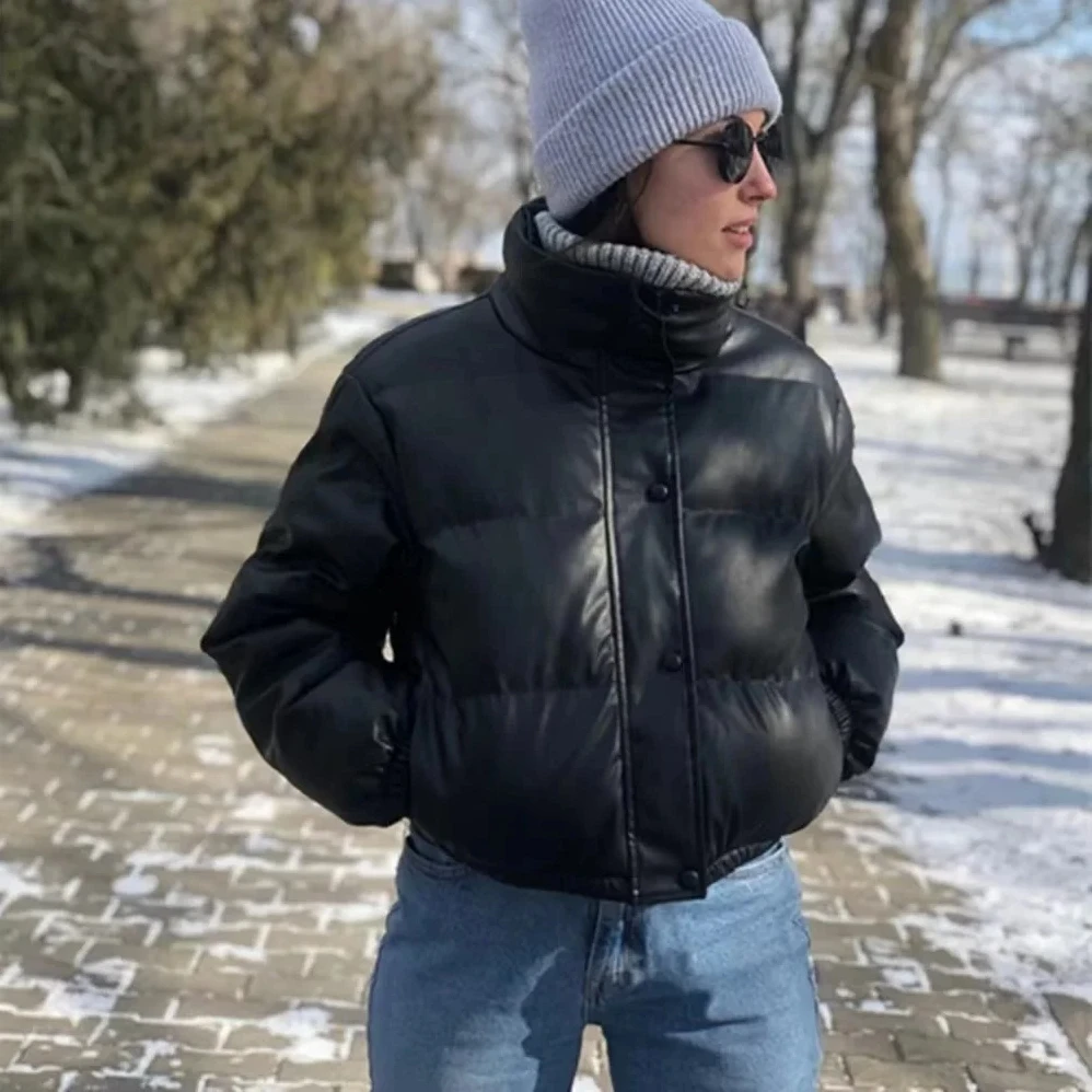 2025 الشتاء المرأة بولي Leather سترة جلدية قصيرة الوقوف طوق الخبز نمط القطن مبطن دراجة نارية كول فتاة ملابس خارجية غير رسمية #2