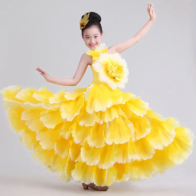 Vestido de dança flamenca para crianças, vestido tradicional cigano espanhol saia grande, plissado de pétala de flores, fantasia de palco para meninas, abertura