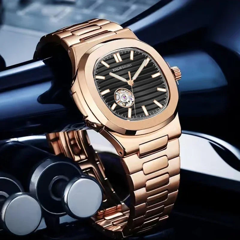 

Dropshipping Rose Gold Tourbillon Automatic Watch for Men Clock Waterproof Mechanical Wristwatches Stainless Steel Mens Watches