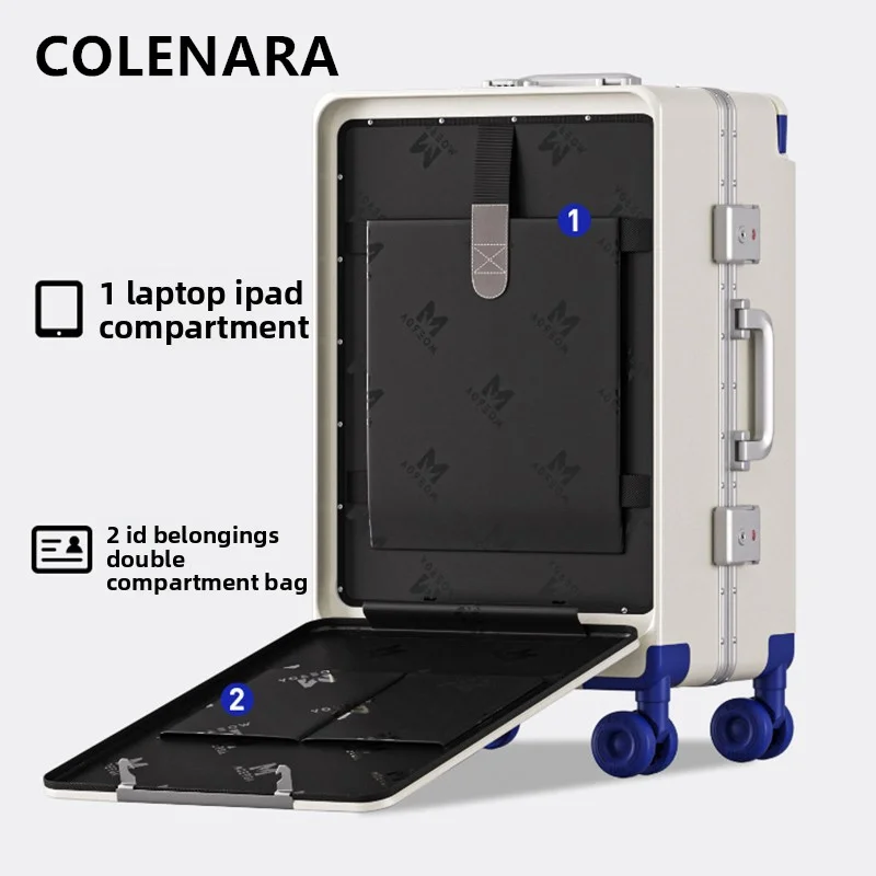 COLENARA ABS+PC Zipper Suitcase Front Opening Boarding Case Aluminum Frame Trolley Case 20