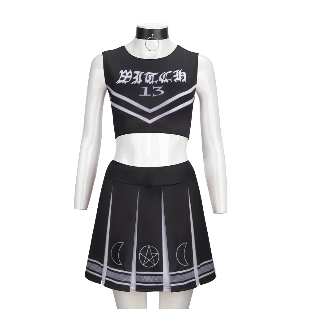 Coven Witch 13 Cheerleading Costume for Adults Black Color Cosplay Uniform Sleeveless Cheerleader Pleated Skirt Dress