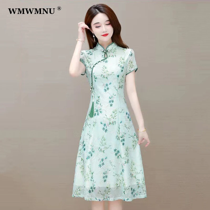 

2022 New Summer Elegant Print Cheongsam Dress Women Retro Slim Short Sleeve Plus Size A-Line Dresses Fashion Party Vestido Mujer