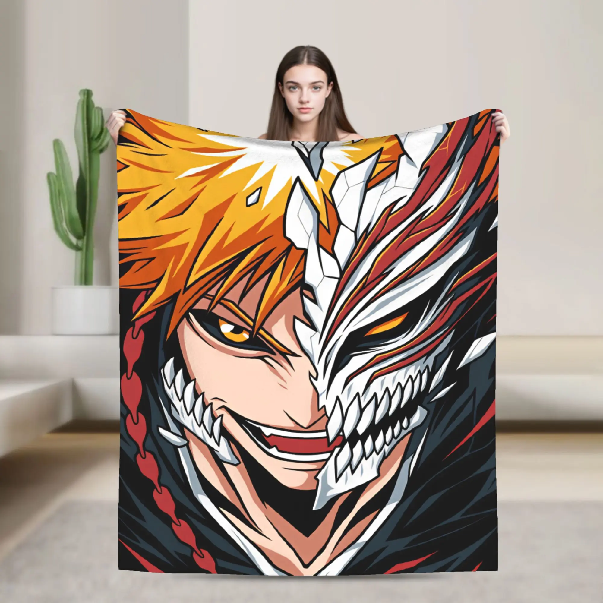 Bleachs Kurosaki Ichigo Anime Cartoon Warm Blanket  Kids Plush Throw Blanket Graphic Home Decor Flannel Bedspread Sofa Bed Cover