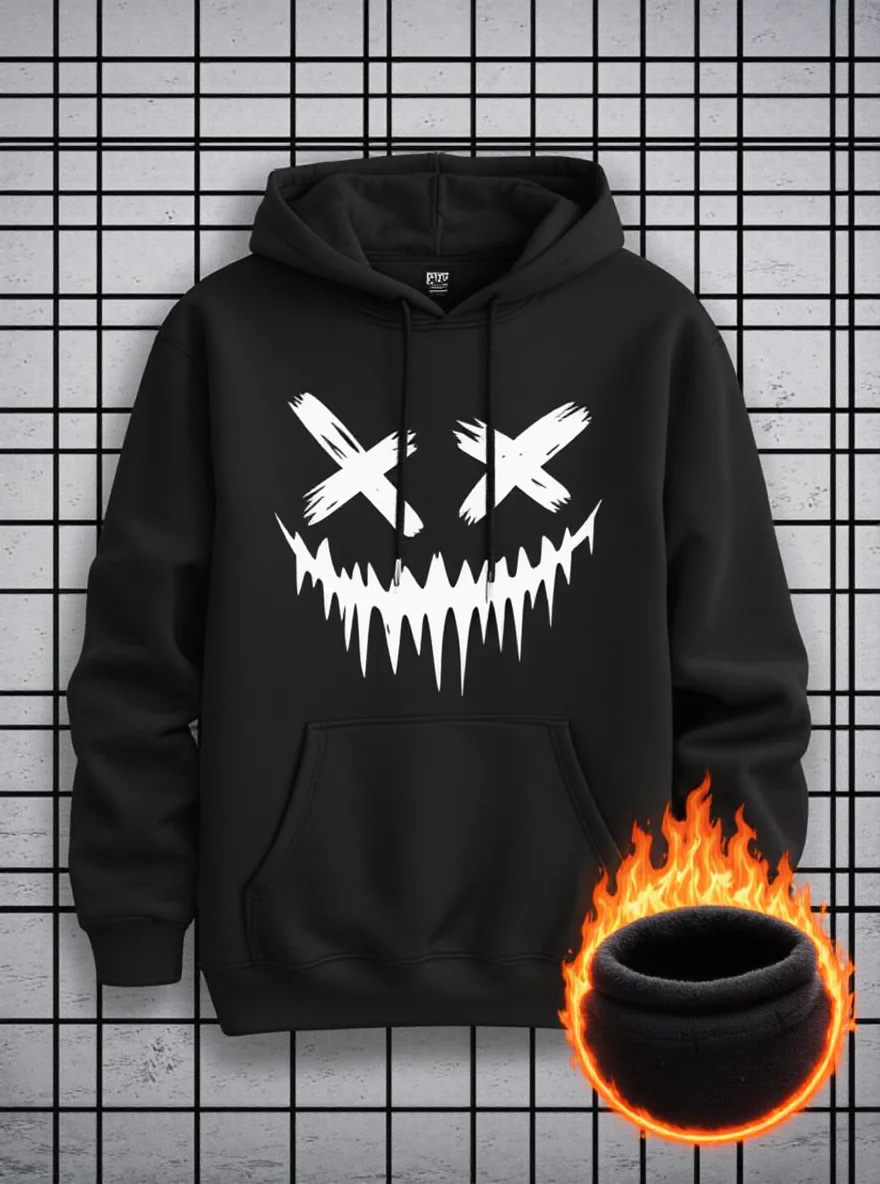 笑顔のグラフィック メンズ パーカー、ドローストリング、カンガルーポケット、秋冬