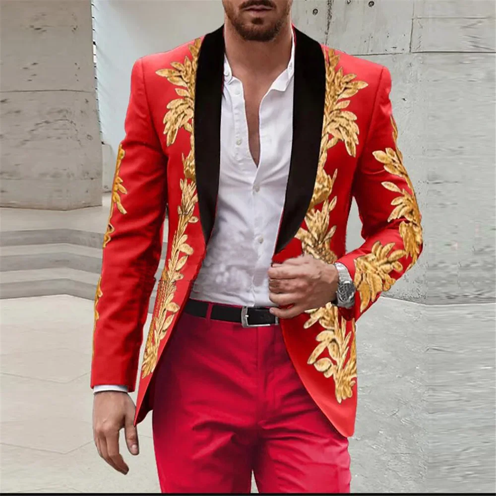 Luxury Groom Tuxedos Red Shinny Gold Appliques Sequins Men\'s Wedding Suits 2 Piece Sets Prom Blazers Bridegroom Costume Homme