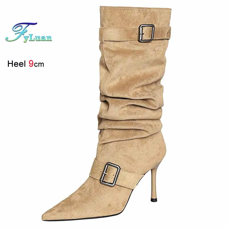 

Осенне-зимние замшевые плиссированные женские сапоги цвета хаки с острым носком на тонком высоком каблуке 9 см, женские длинные сапоги с пряжкой на ремне, размер 40