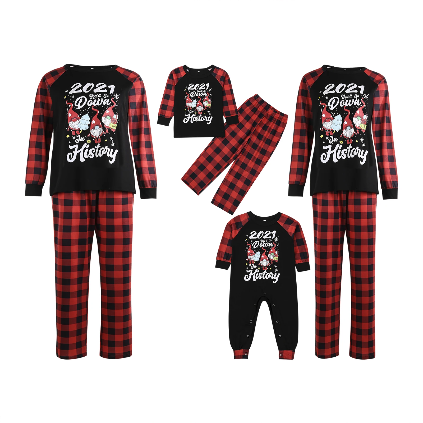 

Christmas Family Matching Pajamas Set Red Plaid Letter Print Long Sleeve O-neck T-shirt and Trousers Romper for the Whole