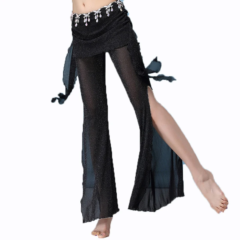 Women Belly Dance Pants Oriental Tribal Lady High Waist Trousers Adults Silver Silk Wave Split Pants Skirt Practice Clothing XL