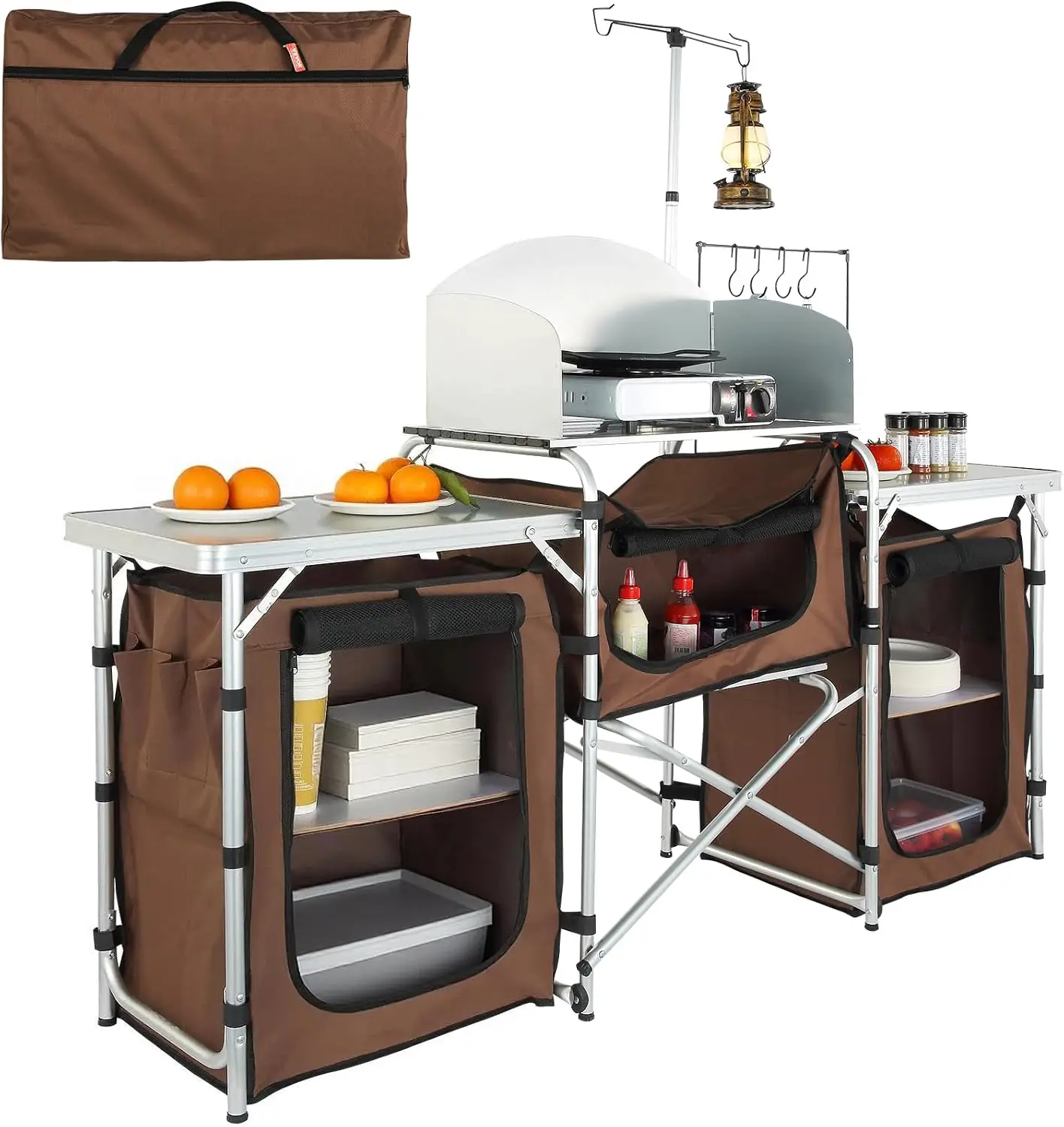 Camping Kitchen Table, Folding Outdoor Cooking Table with Storage Carrying Bag, Aluminum Cook Station 3 Cupboard & Detachable Wi