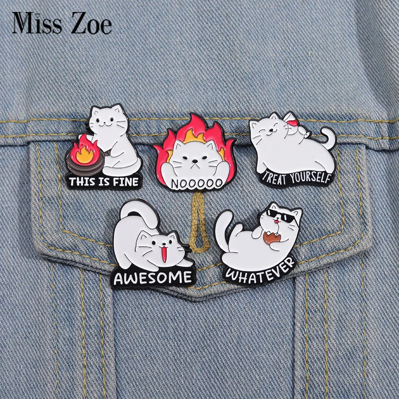 Cute White Cat Enamel Pins Custom THIS IS FINE TREAT YOURSELF Brooches Lapel Badges Animal Jewelry Gift for Friends