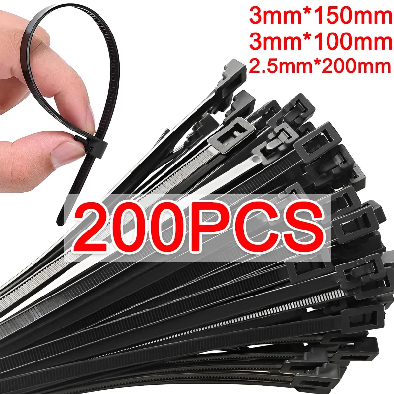 200/100PCS Self-locking Cord Ties Straps Fastening Loop Multi-Purpose Nylon Cable Ties Adjustable Home Office Plastic Wire Ties