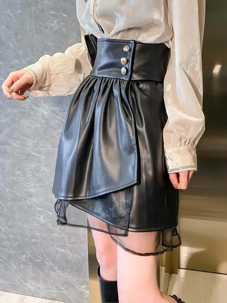 

Korejepo Premium PU Leather Splicing Autumn New High Waist Thin Fashion Skirt Versatile Sexy Font Skirts Sweet Cool Bottoms