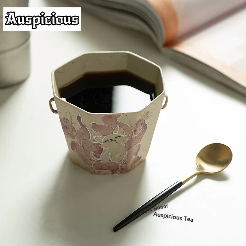 240ml Hand-painted Nine-tailed Fairy Fox Teacup Antique Tea Bowl Mug Tea-tasting Fragrance Cup Jianzhan Master Cups Cafes Gifes