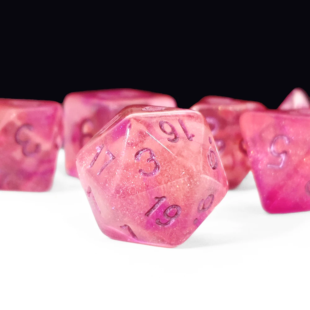 7PCS Pink Gradient Glitter DND Dice, Transparent Acrylic Polyhedral Dice Set with Pink Numbers for D&D & TTRPG