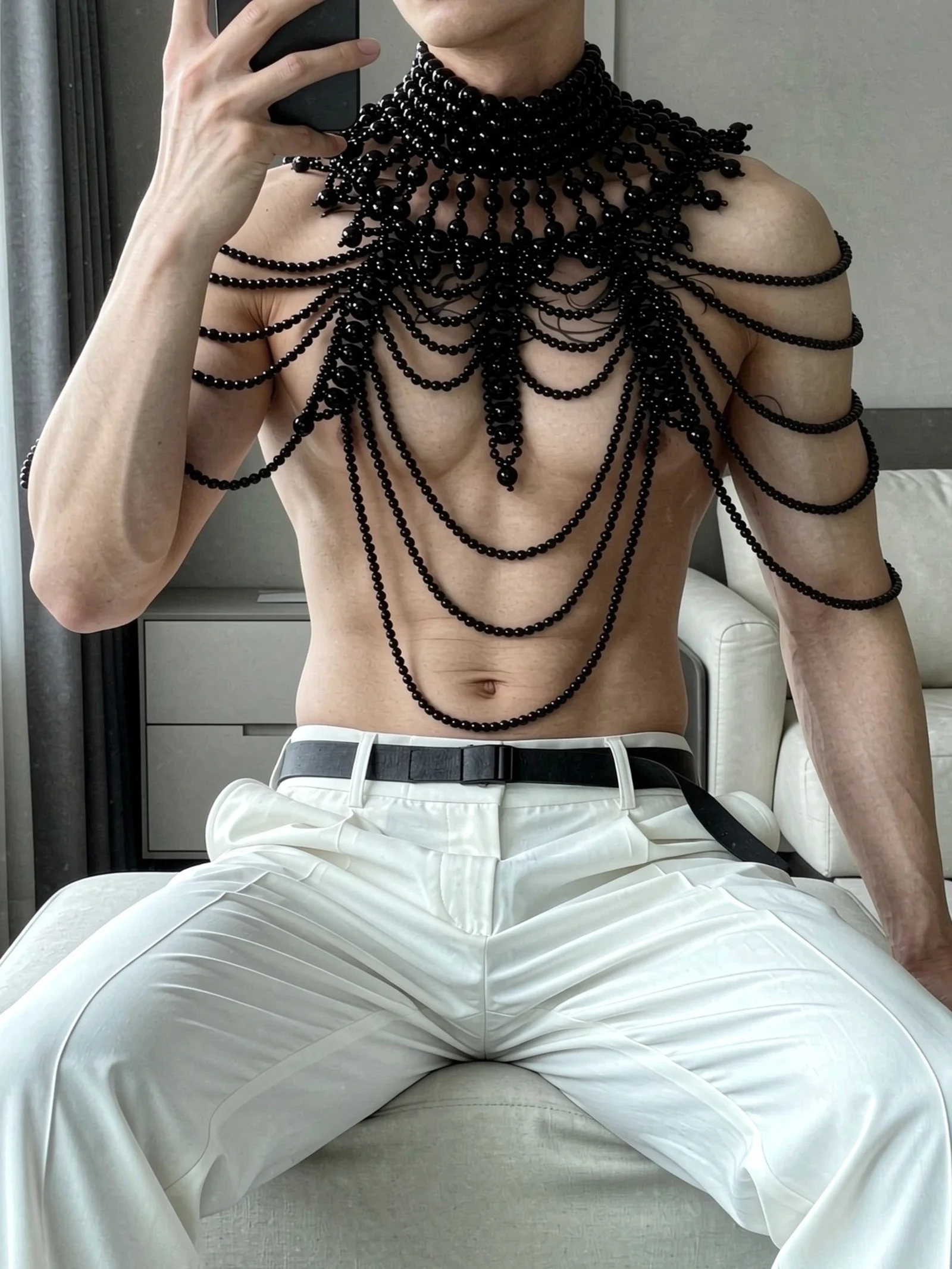 Sexy See Through Turtleneck Pearls Beading Club Crop Top Pullover Short Tops  Garment Chain Male Tanks Clothes Accessories