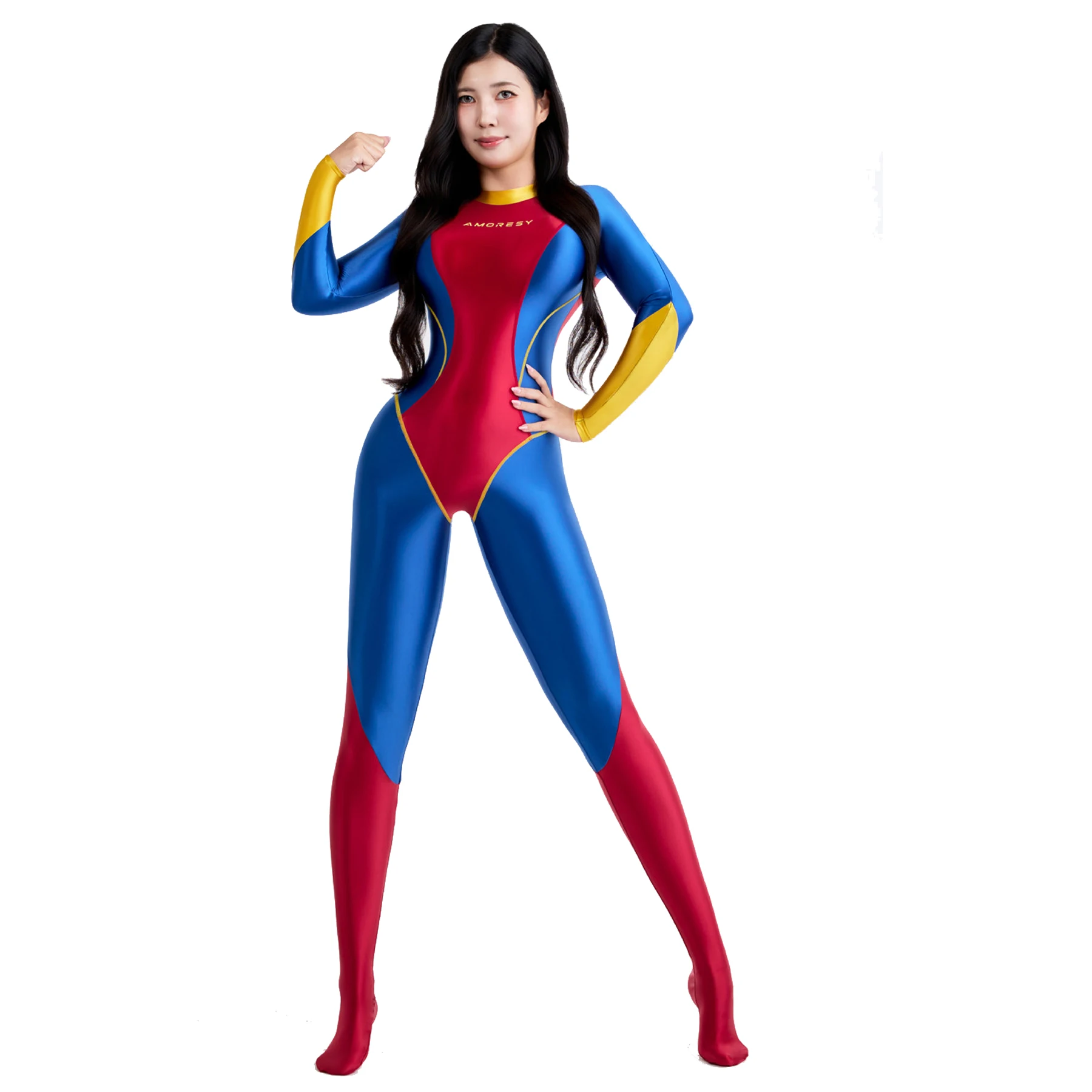 AMORESY Helix Japanese One-piece Glossy Patchwork Long-sleeve Back Zip Jumpsuit Yoga Tights Bodysuit Leotards Diving Swimwear