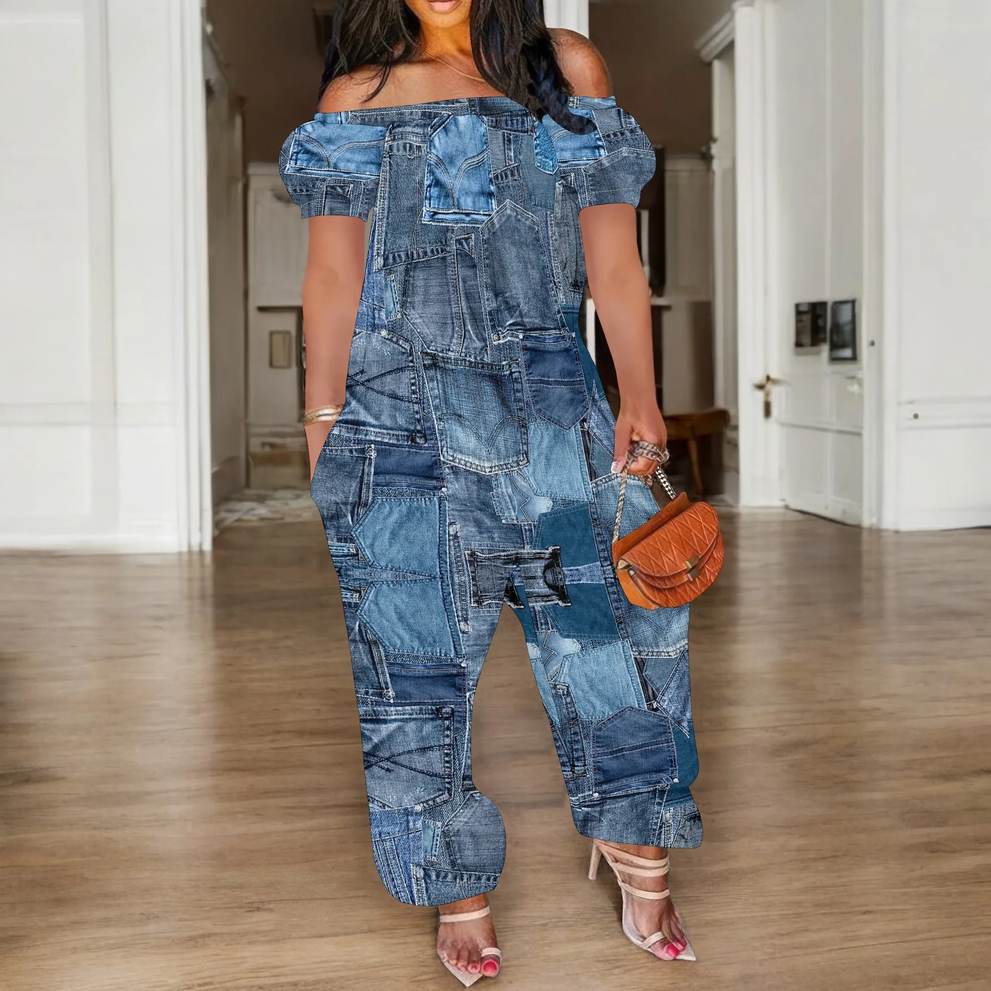 Women Sexy Off Shoulder Jumpsuit Short Sleeve  Floral Print  Romper Wide Leg Long Pants with Pockets Plus Size