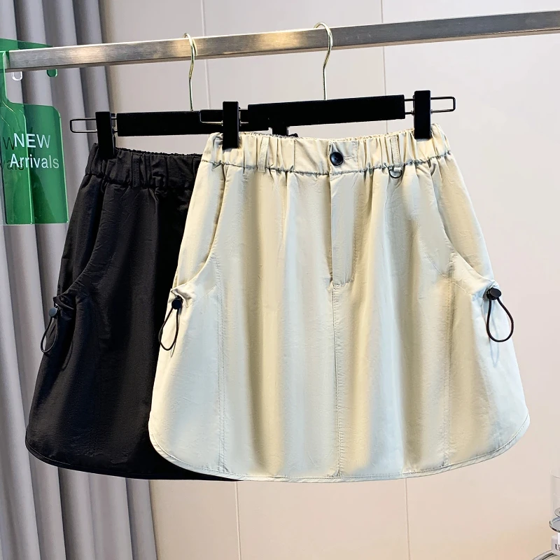 Plus Size Korean Style Women's Cargo Skirts for 2026 Summer Loose New Solid Color Lady Skirts Elastic Waist Causal Bottom KE5290