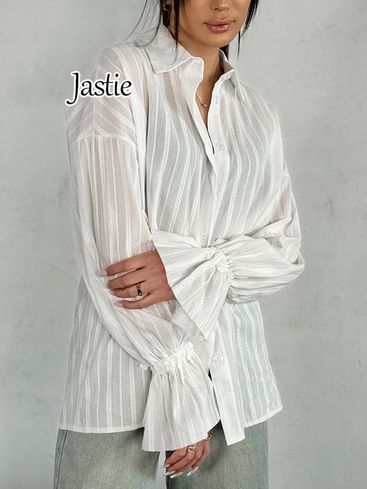 Jastie Elegant Jacquard Weave White Shirts Women Autumn 2024 Puff Sleeve Cotton Blouses And Tops Office Ladies Casual Shirts