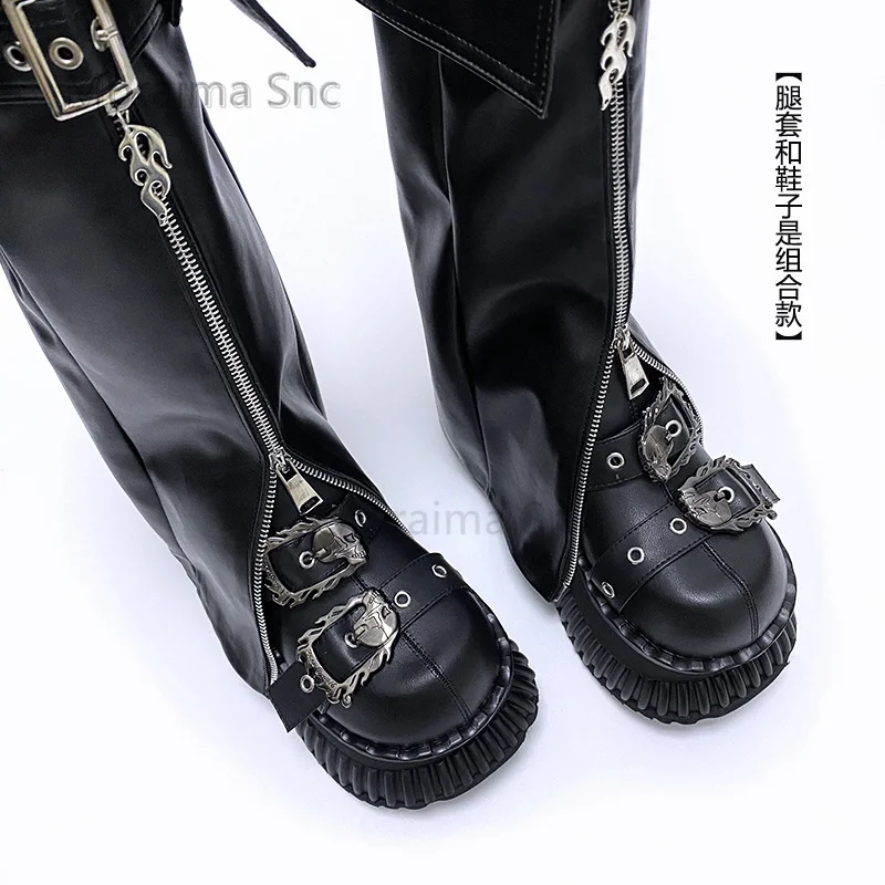Belt Buckle Thick -Soled Tube Boots Punk Round Toe Leather Shoes Female Cool Metal Decor Increasing Pants Legs Knee High Boots