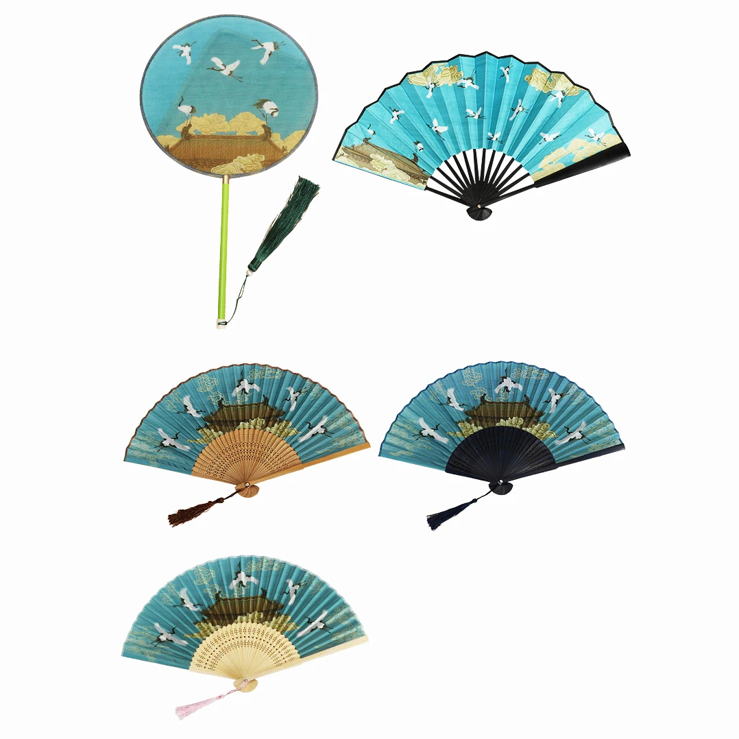 Handmade Fan Crane Print With Tassels Chinese Style Vintage Hand Fan Folding Fans Dance Wedding Party Painting Home Decor Craft