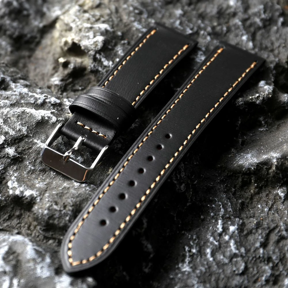 Handmade Genuine Leather Strap 18 20 22MM Black, Italian Head Cowhide Men's Bracelet, Vintage Style, Soft High-End Leather