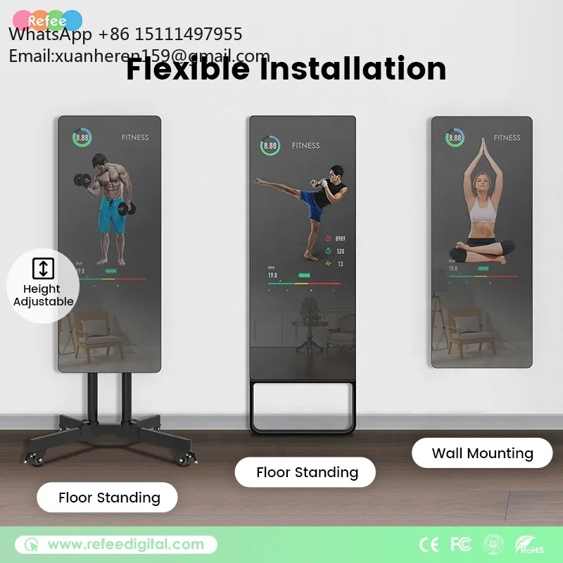Tounchscreen Personal Trainer Mirror Floor Standing LCD Display AI Artificial Home Gym Strength Smart Exercise Fitness Mirror
