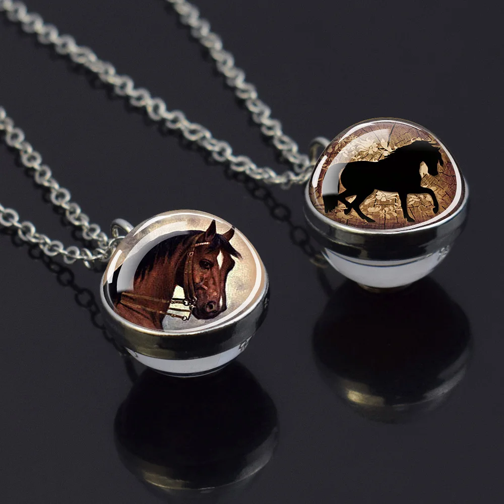 Fashion Horse Necklaces for Women Men Steed Horse Head Glass Ball Two Sided Pendant Chains Necklace Animal Gothic Jewelry Gift