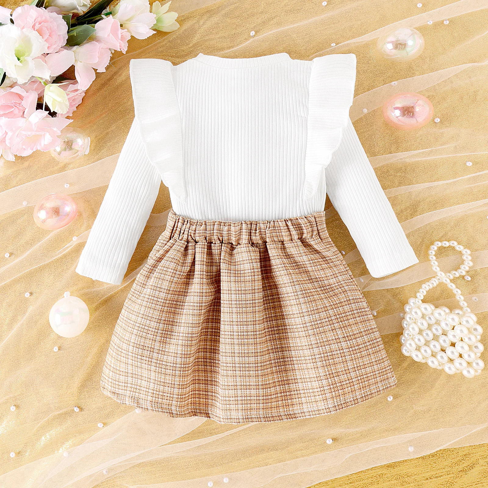 2PCS Autumn New Style 1-4 Year Old Girl Baby Comfortable Fashionable Foreign Style Round Collar And Pit Top + Plaid Skirt Suit