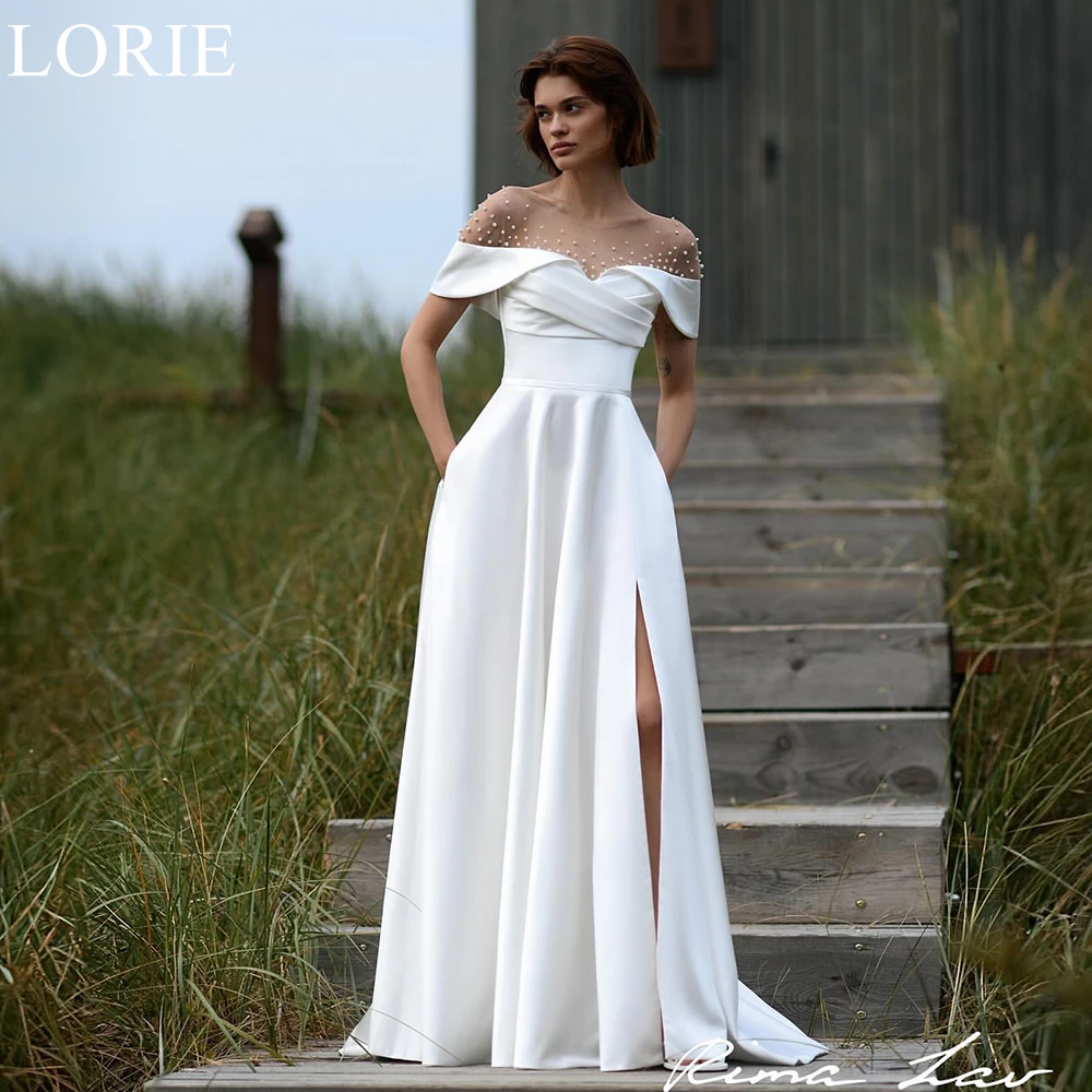 

LORIE Elegant Satin Wedding Dresses A-Line Off Shoulder Beading Side Slit Pleated Bride Prom Gown Chic Bridal Gowns Customized