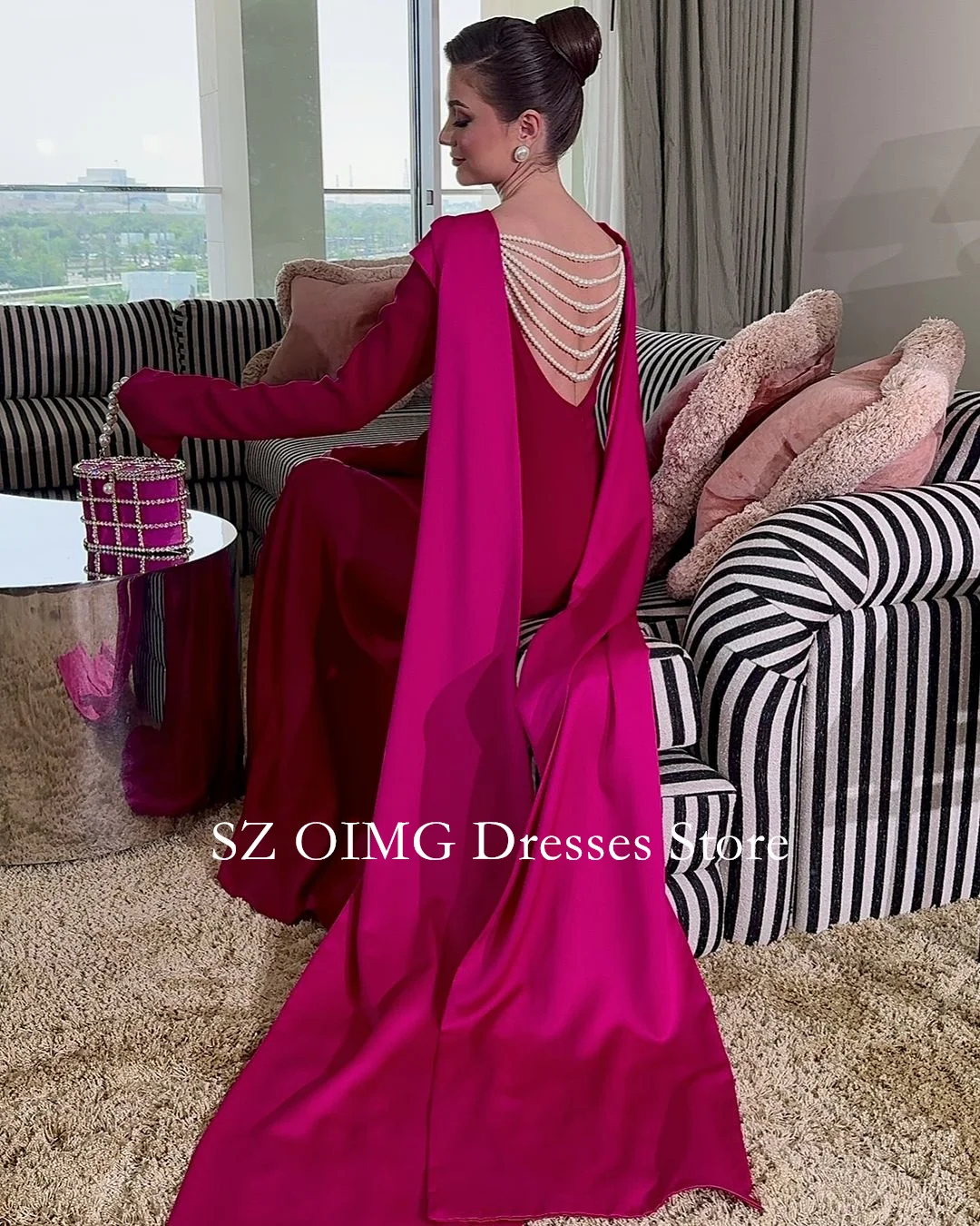OIMG Saudi Arabia Crepe Satin Prom Dresses Boat Neck Dress Hot Pink Pearls Dress Formal Women Wedding Party Gowns