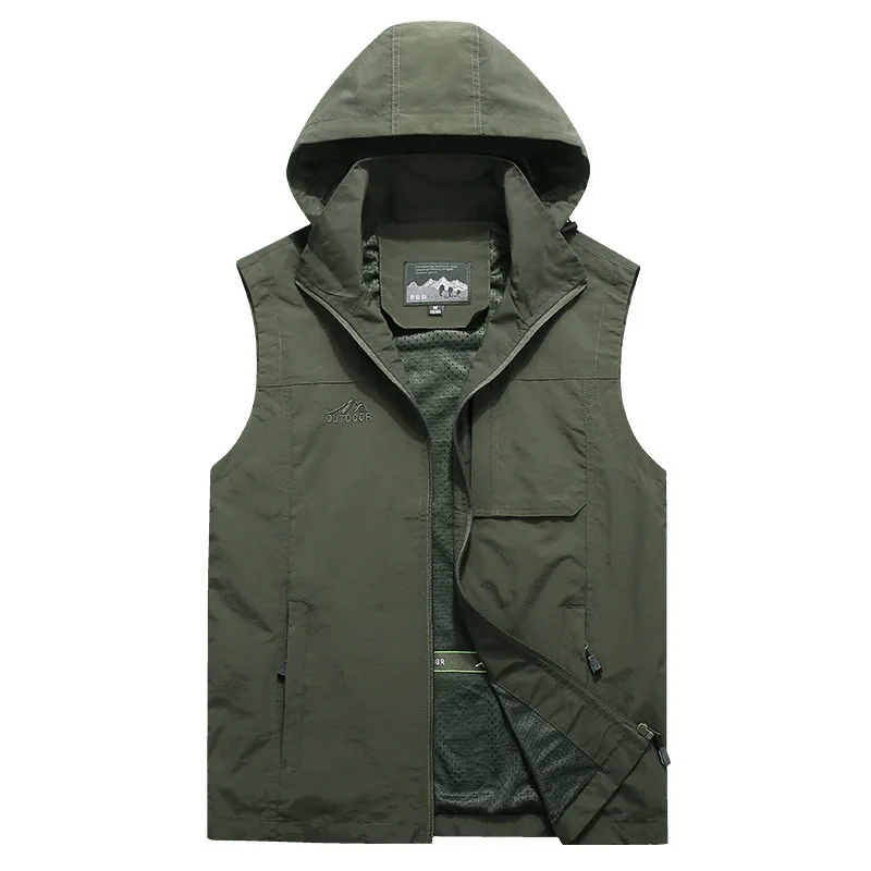 Men Outdoor Hooded Detachable Cargo Vests Male Photography Sleeveless Jackets Thin Mesh Breathable Waistcoats Man Loose Vests 7X