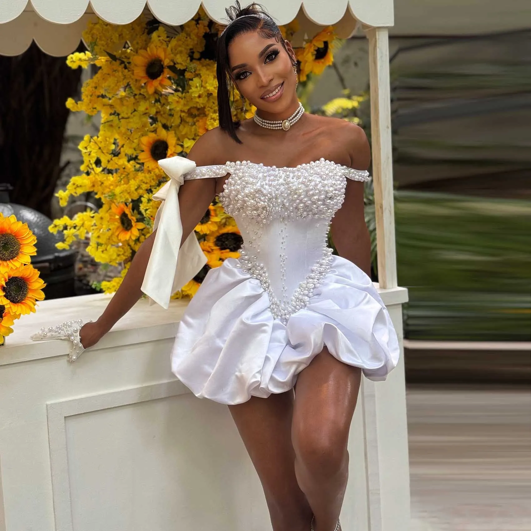  Shining Pearls White Mini Dress Women Formal Party Dresses Hand Beaded Short Prom Gown Bow Sleeves Wedding Party Dress Custom