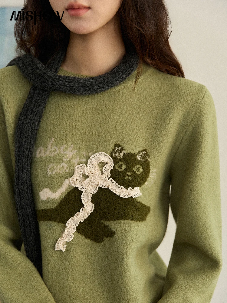 MISHOW Katzen-Jacquard-Pullover für Damen, 2022, Winter, fauler Stil, Rundhalsausschnitt, dreidimensionale Schleife, lockerer Strickpullover MXE86Z2750