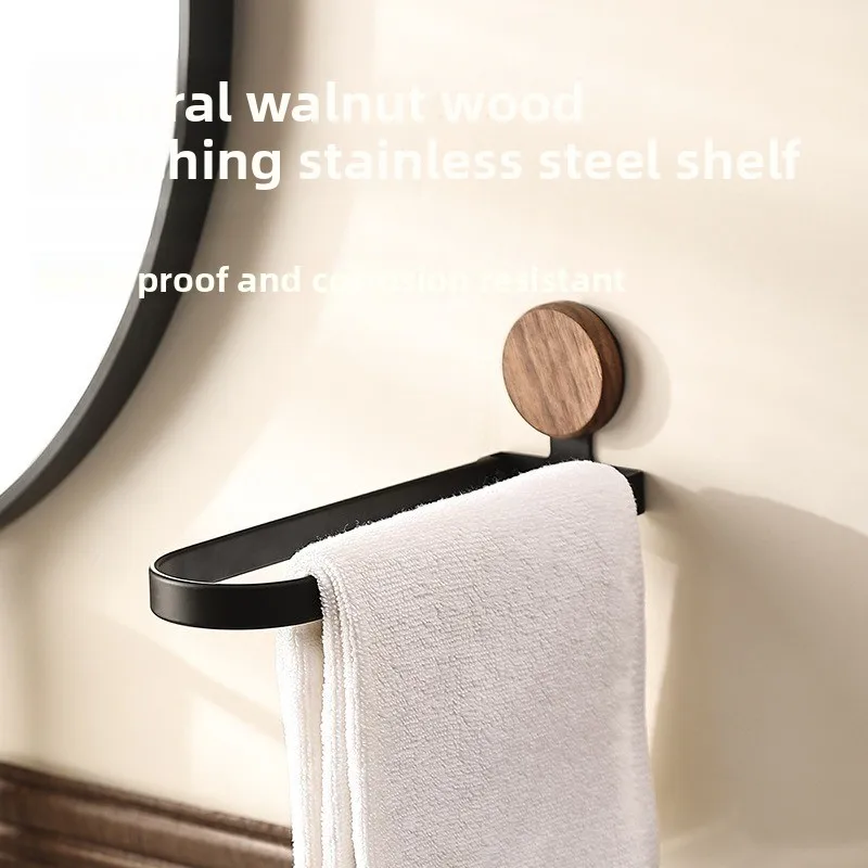 1 قطعة رف منشفة الحمام من خشب الجوز ، حامل مغسلة الحمام ، قضيب تعليق منشفة حمام قابل للطي مثبت على الحائط بدون حفر #3