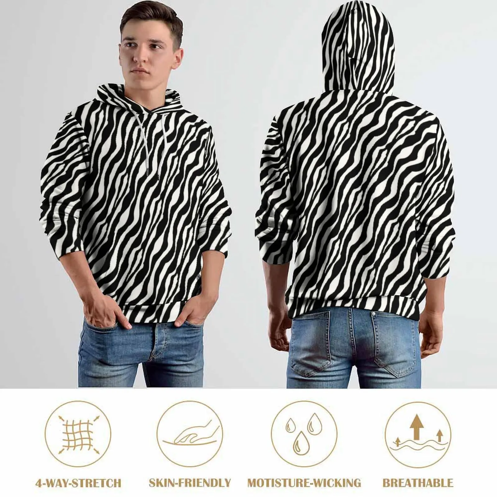 Zebra Stripes Hoodies Schwarz und Weiß Harajuku Übergroßer Pullover Hoodie Unisex Langarm Elegant Bedruckte Lässige Sweatshirts