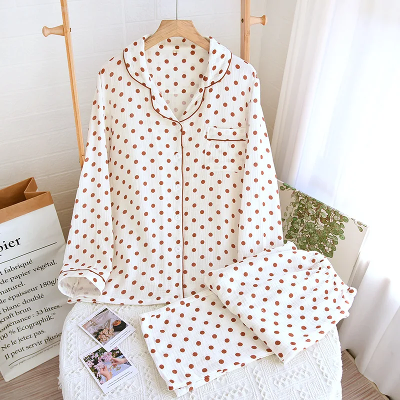 

Spring Double Cotton Crepe Pajama Set Women‘s Two-piece Suit Long-sleeved Trousers Plus Size Casual Cardigan Polka Dot Pijamas