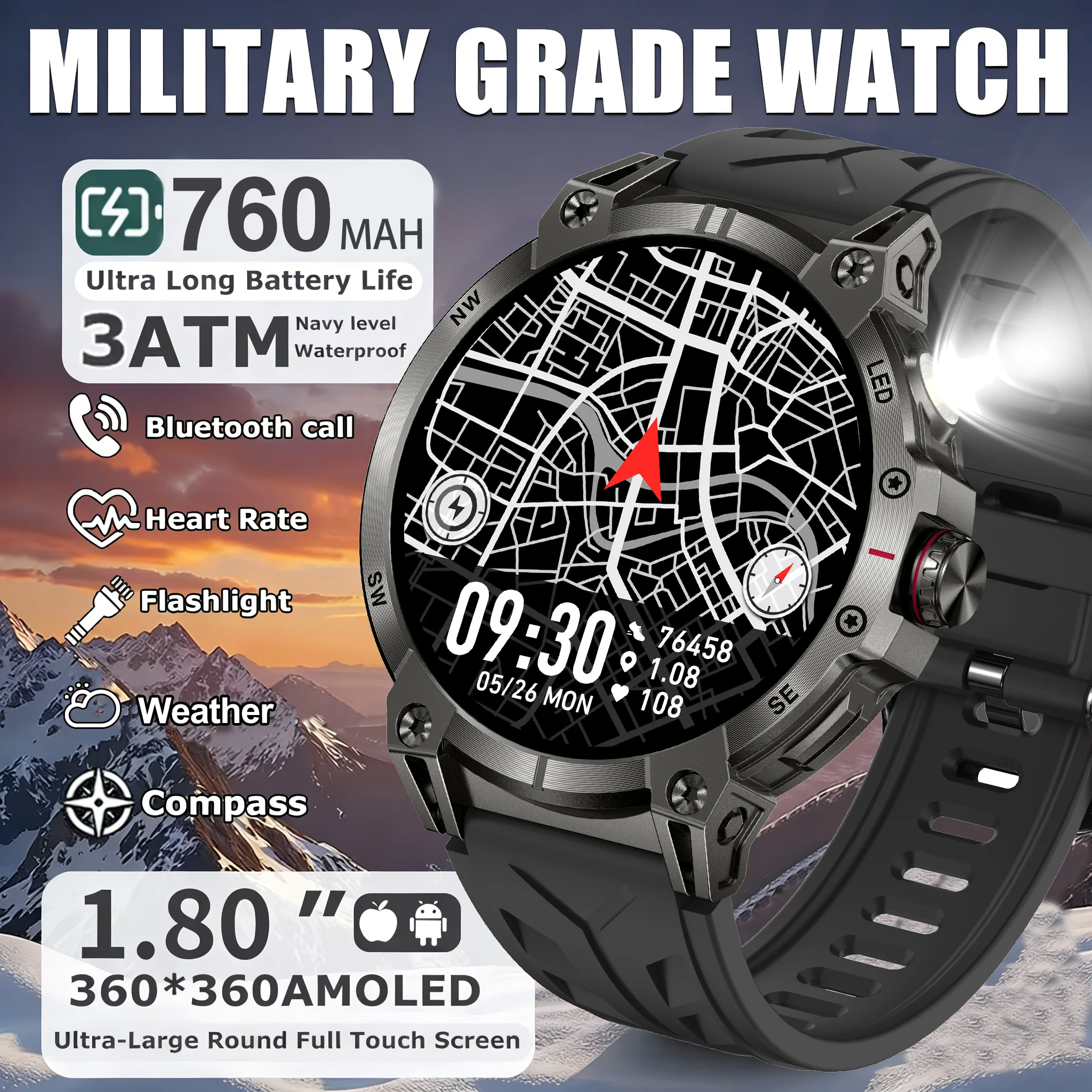 Military Smartwatch Men 760mAh Large Battery LED Flashlight Compass 1.8' Screen Heart Rate Waterproof Bluetooth Call Smartwatch